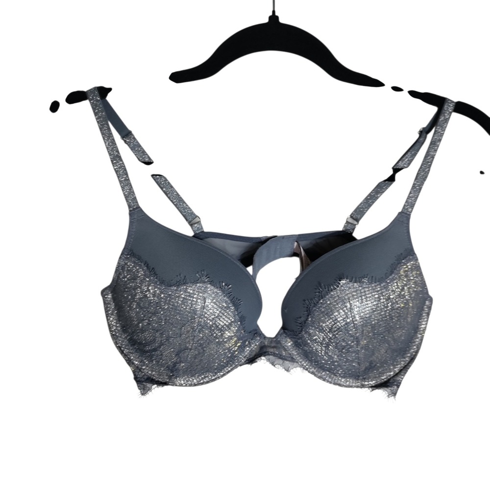 Victoria's Secret Dream Angels Push-Up Bra 34C Blue Silver Metallic Lace